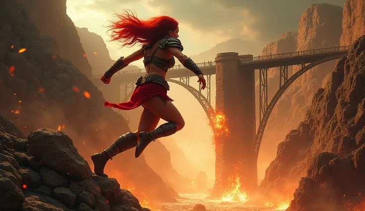 Red Sonja leaps from a collapsing bridge as it crumbles into a fiery abyss. 1950s Red Sonja 50s cinema in colour super Panavision.