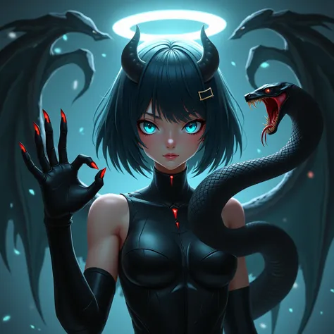  gloves, solo, , blood red  liquid  , black gloves, very short hair, elbow gloves, bangs,, , short hair, , looking at viewer with devilish stare ,blue eyes , The image depicts a futuristic, ethereal figure with a dark  ominous atmosphere , a cute woman dar...