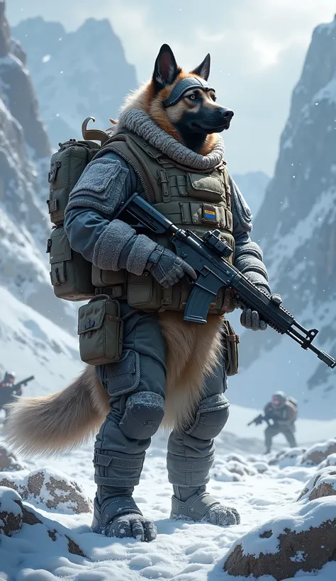 "Create an image of a Mastim Tibetano as a soldier, wearing rugged tactical military gear, including heavy body armor, a helmet with a visor, and an assortment of tactical pouches. The dog is carrying a large firearm and standing in a snow-covered mountain...