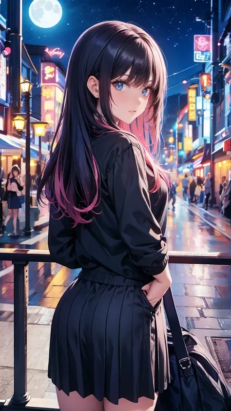 Beauty、 long hair、Pink and black hair、 night view、Japan、都会のBeautyファンアート ,  wearing a black hoodie 、 white long skirt、 anime style , 美しい   digital art  ワーク, Style Ross Tran  ,   digital art  . @mariomaniacdude,   Realistic Anime 3D Style  ,   Vibrant Ross D...