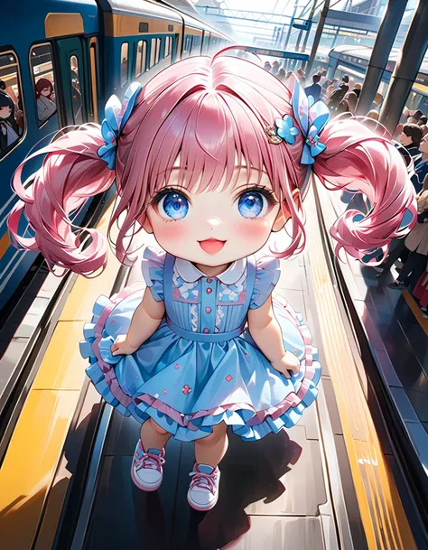 ((Busy Train Station:1.5))、((whole body, from above, back view)),　(( Look Up Above:1.5)、((Chibi:1.5、Chibiガール:1.5)))、 best quality、 high definition 、 detailed background、 beautiful face down to the smallest detail、 anatomically correct 、Ultra-detailed facia...