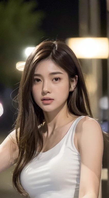 (( True Light ,  Gestures, 8k,  masterpieces : 1.3)), , clear focus : 1.2, 1 girl,  perfect shape: 1.4,  slim belly : 1.1, (( dark brown hair )), ( White Sleeveless Top: 1.4), (outdoor, nighttime: 1.1), City streets,  Delicate Face , Beautiful eyes, Double...