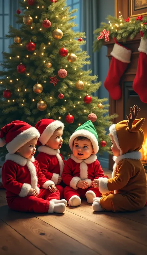  Hyper realistic oil-painted image of An exciting Christmas scene with several adorable babies gathered around a beautifully decorated Christmas tree.  Each baby is dressed in festive Christmas clothes , like Santa Claus costumes ,  elf costumes and reinde...