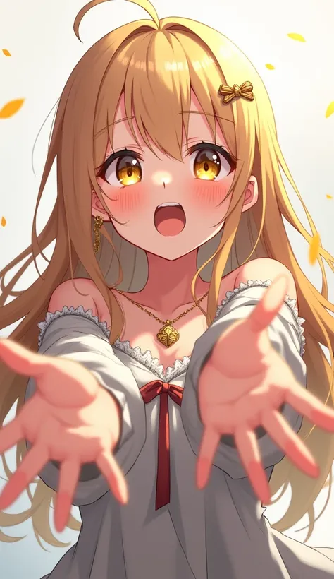  High resolution,  long hair ,  big breasts, blush, Open mouth,  yellow eyes, language, language fuera, throw,  from above, jewelry,  animated, 