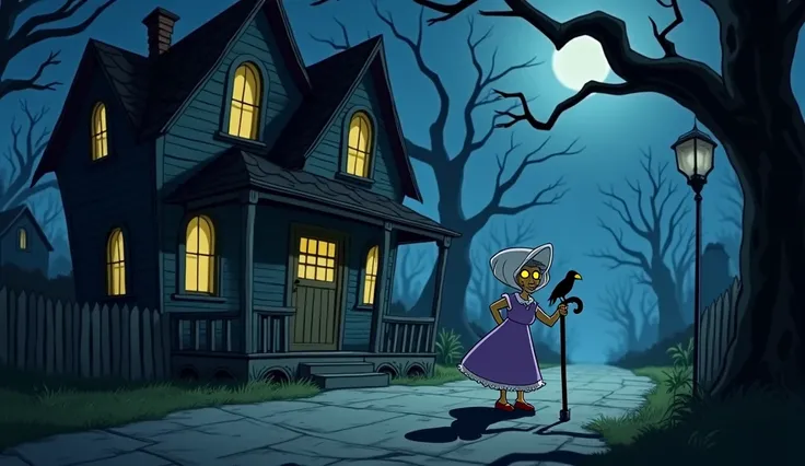 Animated image:An old, crooked house nestled among gnarled trees on a moonlit street. Grandma Mable stands on her porch, wearing a lavender dress with lace and a bonnet. Her cane, with a crow-shaped top, rests in her hand, and her glowing yellow eyes peek ...