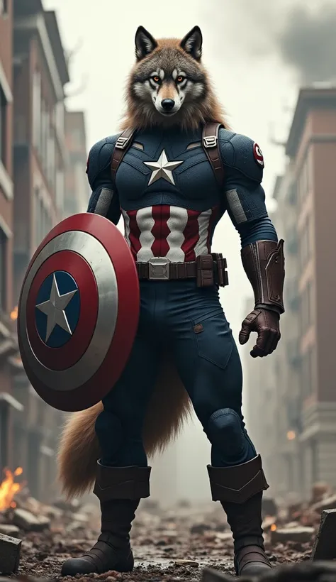 A hybrid character combining Captain America and a wolf. The character has the strong, heroic build of Captain America, with his iconic shield and suit. However, the head and fur are that of a fierce wolf, with sharp eyes and a powerful jaw. The suit is ad...