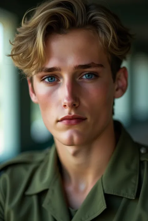 A teen soldier (17), green uniform, in a movie like scene. With blonde wavy hair, covering forehead, brown to blonde, blue eyes, light pink lips, freckles and pale skin. A straight nose and handsome. No hat or helmet (masterpiece, top quality, best quality...