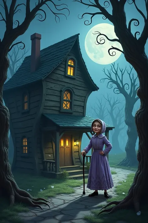 An old, crooked house nestled among gnarled trees on a moonlit street. Grandma Mable stands on her porch, wearing a lavender dress with lace and a bonnet. Her cane, with a crow-shaped top, rests in her hand, and her glowing yellow eyes peek out mischievous...