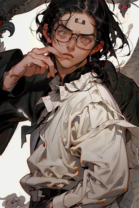 A boy, long black hair, large white shirt, dark brown eyes, square glasses, dark circles under his eyes