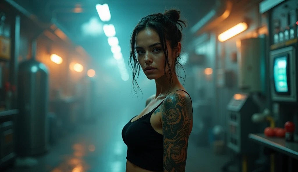 A cinematic and atmospheric scene of a stunning, tattooed woman in a futuristic industrial setting. She wears a sleek black top that accentuates her figure, with detailed and artistic tattoos adorning her arms and shoulders. Her expression is intense and c...