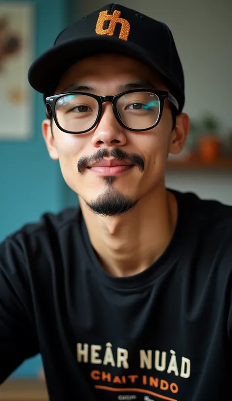 Young Asian, Handsome like a prince , virtual smooth skin ,Has a thin mustache, wearing a black cap ,Busy eyebrows, wearing a black T-shirt , on the shirt is written Hear Nuad ,Cha-indo , Coffee Slow bar, eye glasses rim black,light tone blue and orange, e...