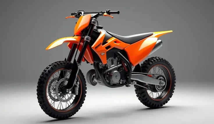 Generate a high-resolution, fully realistic image of a ( 2025 maico 400 dirt bike ) in ( Color ) vibrant orange, with a sleek and modern exterior, futuristic wheels, and a shimmering body color, displayed in a luxurious showroom.The image should be highly ...