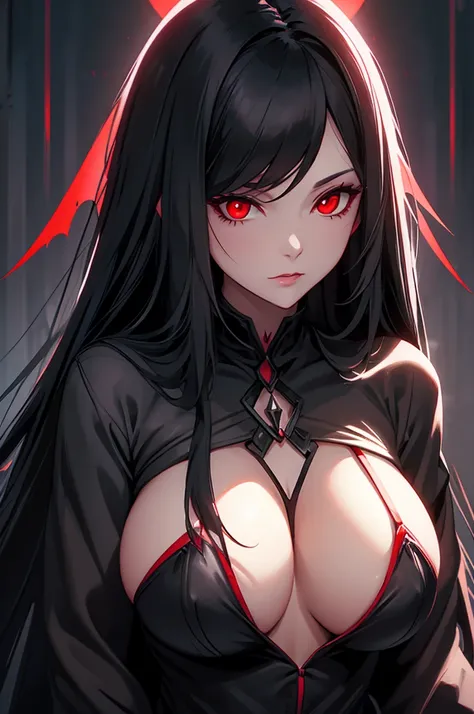 Woman long black hair glowing red eyes big breast vampire