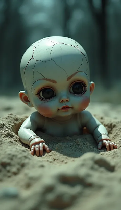 An eerie, cracked porcelain doll partially buried in the sand of an abandoned park, with wide unsettling eyes staring directly at the viewer. Surrounding the doll are faint shadows of s, creating a sense of unease. The scene is detailed in anime style, wit...