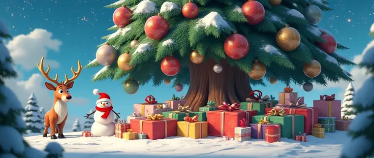 Beautiful Christmas design .  a giant Christmas tree with giant multicolored spheres at the foot of the tree a beautiful reindeer, a snowman and lots of presents  