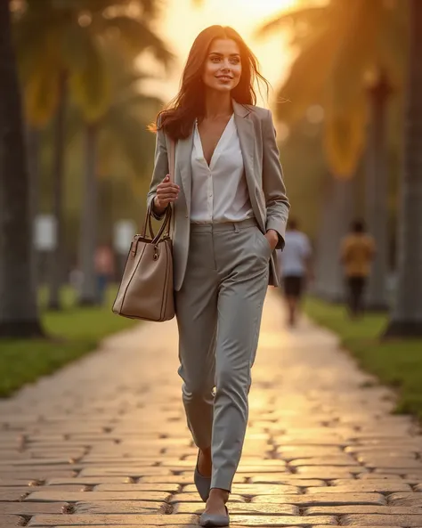 The full body woman in the casual and elegant outfit (light gray tailored trousers and beige blazer) is walking in a park at the end of the day. She is strolling along a stone path surrounded by trees, holding the strap of the same beige handbag over one s...