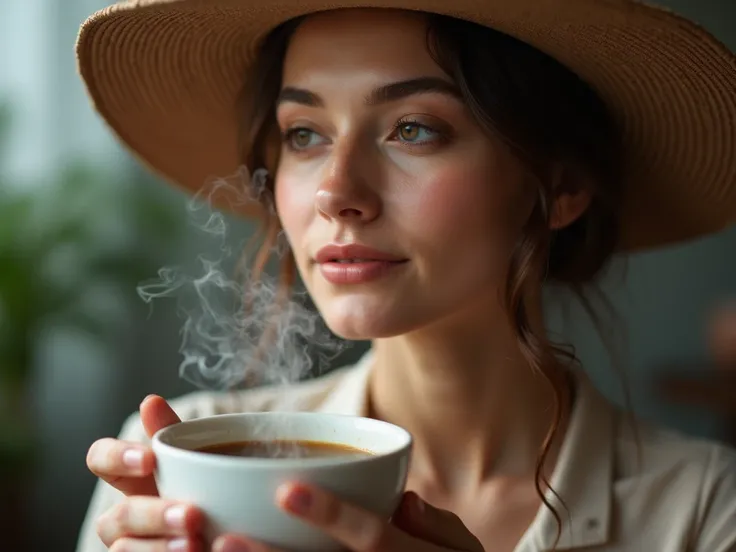 M realistic photo; A beautiful woman in a hat; savoring;  feeling the steam branch of a liquid coffee