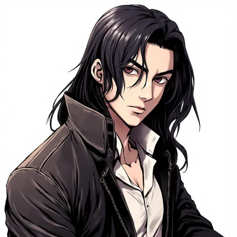 A guy with long black hair. In a jacket. Realism 