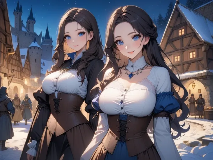 top-quality、anime style, Top image quality、 without bangs, no bangs, no bangs, forehead without bangs, woman with((big bust、Bust 95,Beautiful blue eyes、without bangs, black hair、beautiful ass, medieval outfit, sapphire necklace, hands behind her back, with...