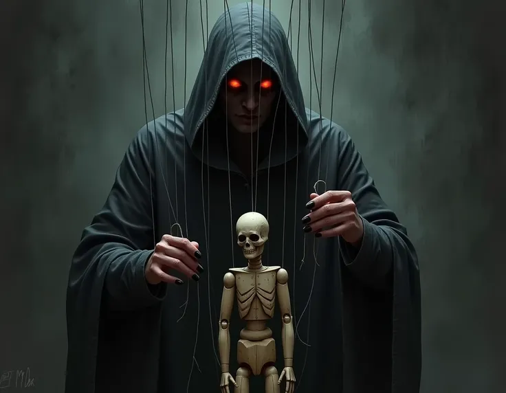 A hooded villain with red eyes ,  manipulating a wooden doll through ropes, melancholic tone 