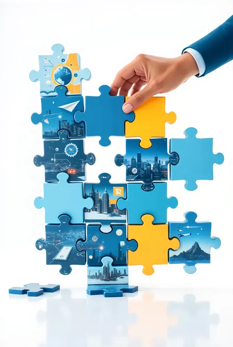 (11 piece of jigsaw puzzle with business theme image inside it neatly arranged fit to each other, one of the puzzle got scrambled), white background, vector style, vibrant color of light blue - dark blue - yellow, (realistic giant hand holding one of the p...