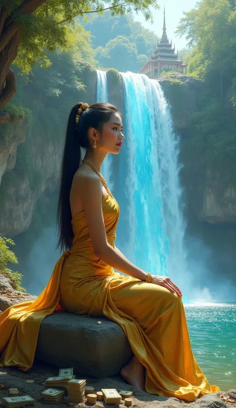 Thai Beautiful woman with long hair, look straight, 
Wear gold thai dress, Thai ornament, 
Pull her long, straight ponytail with both hands,
blue water flows from the tip like a waterfall, create the waves,
sitting on the rock,

(many money and treasure is...