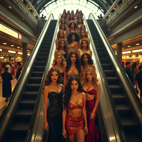 Take a picture of an ascending escalator with 20 beautiful women in club-style on it in the crowded train station