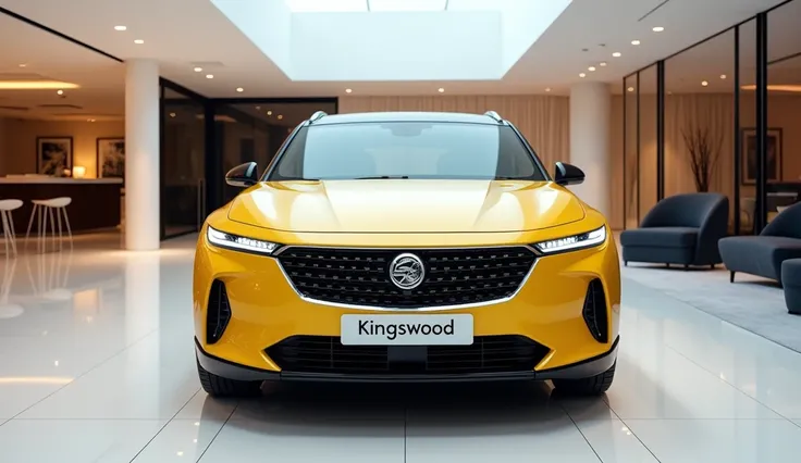 A luxurious 2025 Holden Kingswood with a sleek futuristic design, shown from the front view, in a modern, elegant showroom. The environment is brightly illuminated with white ambient lighting, polished floors, and refined interior décor. Replace the yellow...