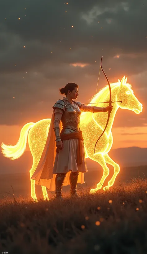 "A fearless archer clad in glowing armor stands atop a windswept hill, drawing a radiant bow. Behind them, a galloping horse made of golden light charges forward, symbolizing boundless energy and freedom. The expansive horizon, dotted with stars and rollin...