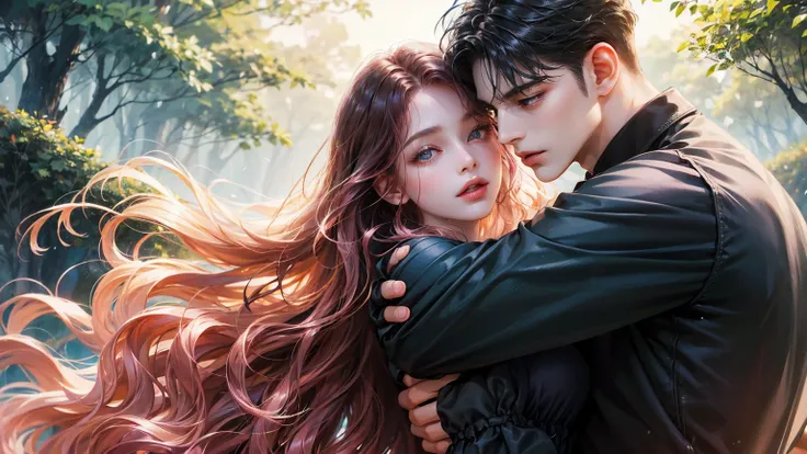 Couple, 1 girl 1 boy, different hair color, long pink wavy hair no bangs and sky blue eyes, short dress, medium black hair and (black eyes). Black shirt and jeans, height different, detailed eyes, looking the viewer. They hug. Background a forest