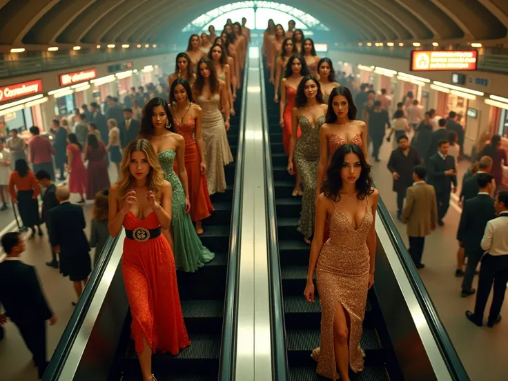 Take a picture of an ascending escalator with 20 beautiful women in club-style on it in the crowded train station