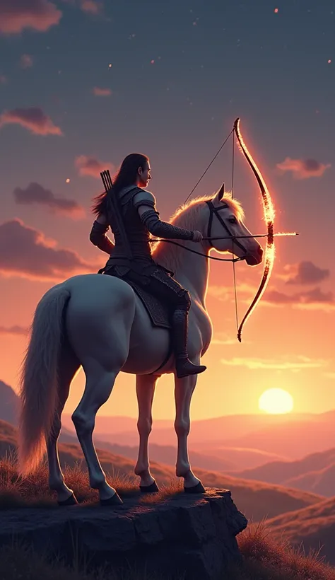 "A noble centaur stands tall in a vast, open plain under a vibrant twilight sky. The human upper body is strong and poised, holding a glowing bow aimed at the horizon, while the horses lower body stands firmly on the ground. Surrounding the centaur are rol...