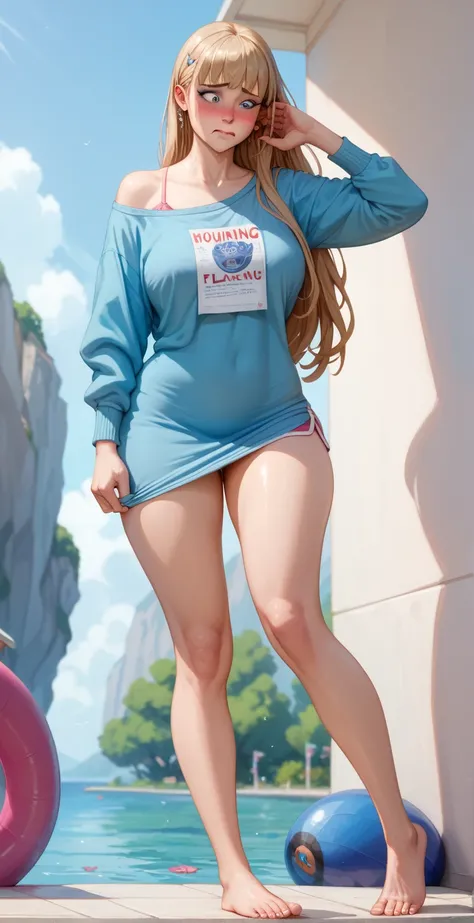 Extremely tall and curvy woman still adjusting to the effects of a monumental growth spurt.  She stands 9 feet tall. Extremely long legs. Weak knobby knees with wobbly gait. Flat, wide butt. Slim but fleshy long thighs. Enormous, wobbling elongated breasts...