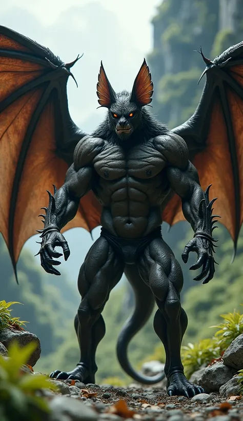 create an ultra realistic image of a bat with a muscular human body, mixing its features, with a brave expression in its natural habitat
