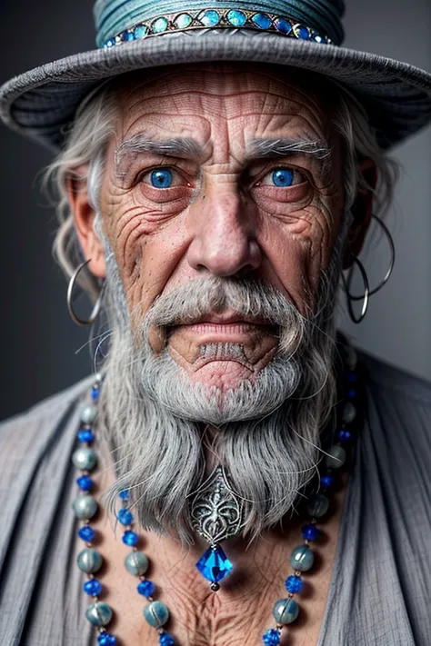 An old man with gray hair and piercing blue eyes stares intensely straight ahead, his weathered face showing deep lines of age. He wears various necklaces and bracelets and adornments, with a mysterious blue crystal stone between his hands. The dim lightin...