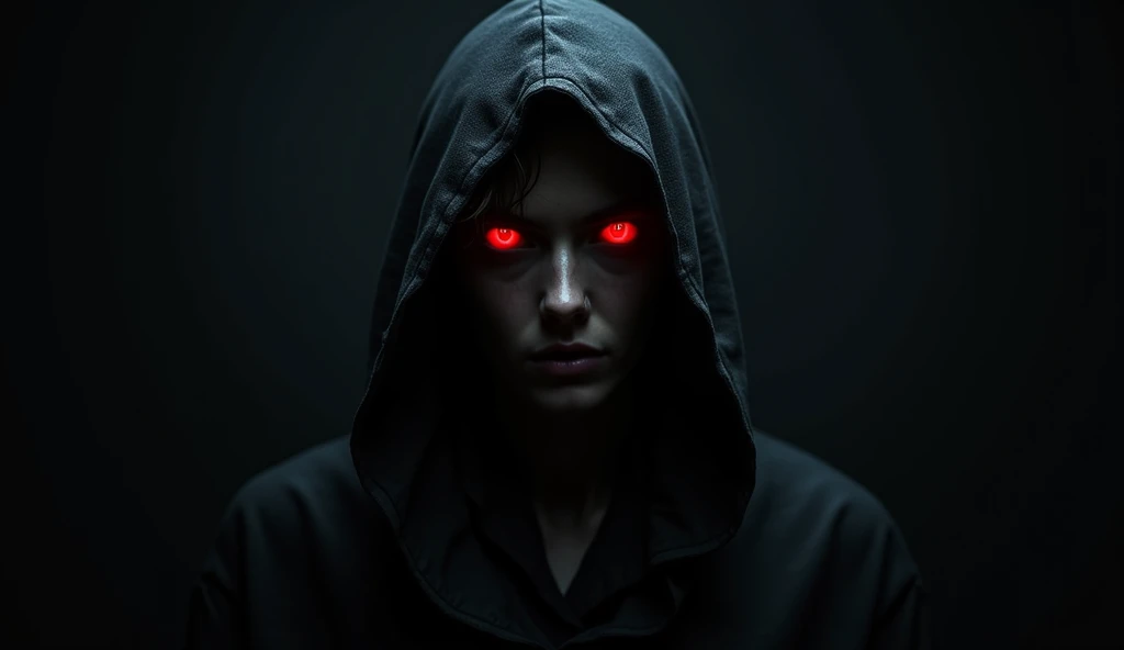  hooded woman ,  only your red eyes are visible, The rest of the dark  