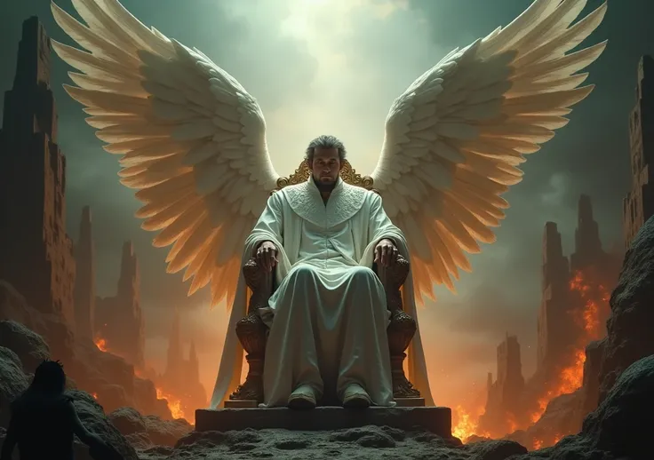 Man Angel with wings sitting on thrown in dark hell 