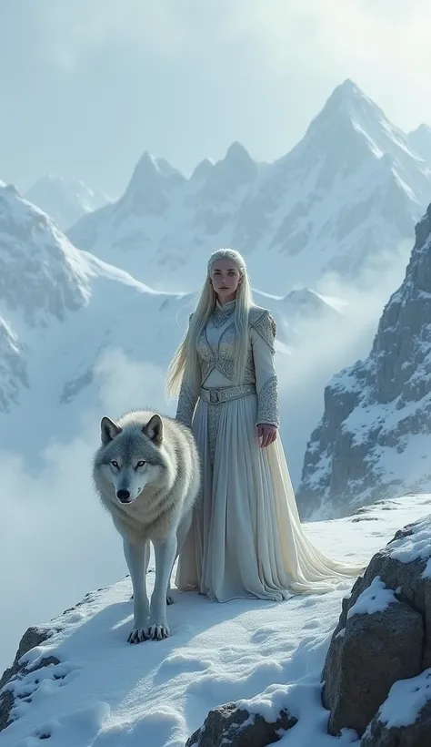 Create an AI image of a Daenerys Targaryen with a wolf walking in the middle of mountains full of snow