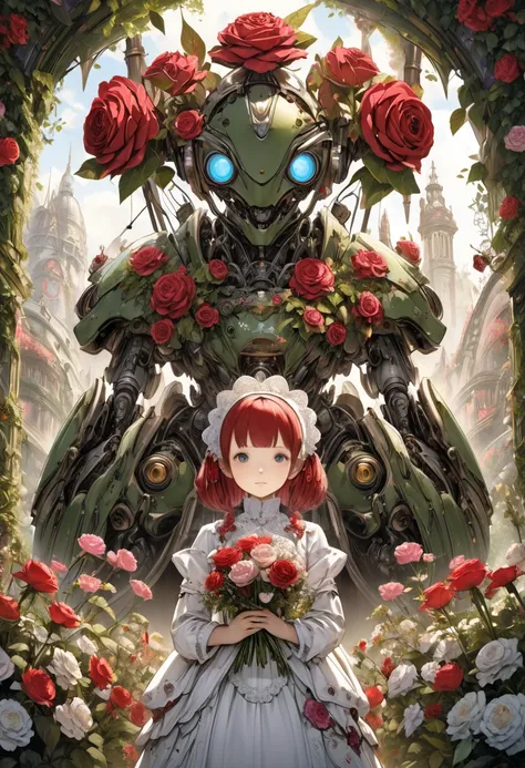  picture of a girl holding flowers in front of a robot, Giant mechanical rose , by Yoshihiko Wada, highly  Detailed Fantasy Art ,  Fantasy Victorian Art ,   Digital art with humanoids overgrown with flowers ,  Detailed Fantasy Art , by Takeshi Obata, Hmm、C...