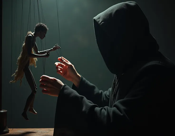 a hooded person manipulating the movements of a puppet
