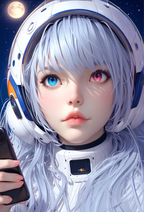 [Close-up of an improved masterpiece:1.5)0.9], (Space and astronauts:1.2) (Messy silver hair:1.1) (heterochromia: xanthochromia and blue eyes:1.2) (Space helmet:1.0) (Colourful stars in the eyes:2.0) (A radiant glow:1.1) (Thick lips:1.0) recording herself ...