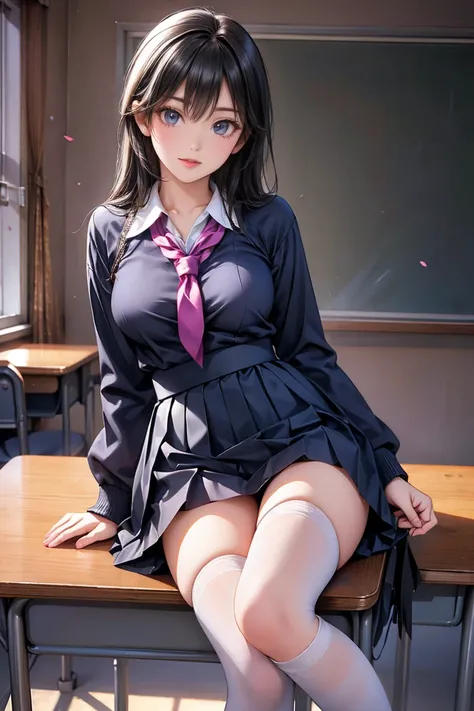 A woman in stockings is tied to a desk, hyperRealistic high school girl, a hyperRealistic high school girl, Cute school girl, High school girl pose, Realistic high school girl, Wearing a skirt and knee-high socks, wearing Japanese school girl uniform, Japa...