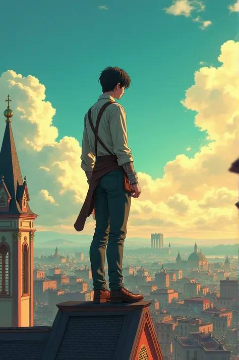  A 19-year-old man in broken but elegant clothes from the year 1900 on top of a church at the top with one hand raised and the other hand clutched against the wall, inclined ,With the midday sun with colorful skies, anime type with a city from 1900 in the ...