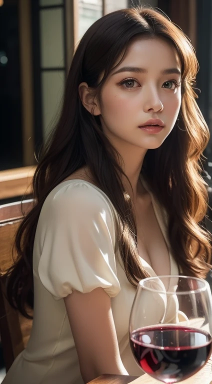  Women sitting at the table drinking wine,  shape detail , CG Society, Curly hairยาวซับซ้อน, Cinema | | Very anime , Discord PFP ,  Asian Features  ,  very cute model , (Relaxing:1.2), Long thick hair,  Dark Red , factory,  bar counter ,(Realistic Fashion)...