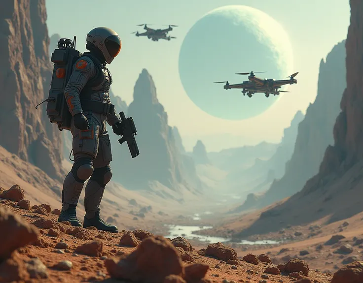 a man space colonist, astronaut, futuristic spacesuit, helmet with visor, exploring alien planet, rugged terrain, rocky mountains, glowing blue sky, binary star system, otherworldly landscape, advanced technology, jetpack, ray gun, floating robotic drones,...