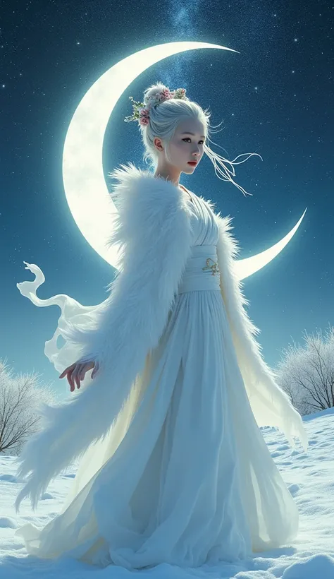 Masterpiece. Conceptual art. 3D Collage with double exposure. 16K. UHD. high quality, photorealism. Moon. Starry sky. Sweet lady Yuki-onna. Spirit of winter. Mysticism. Stunning full color design, sharp focus, studio shot, intricate details, high detail, d...