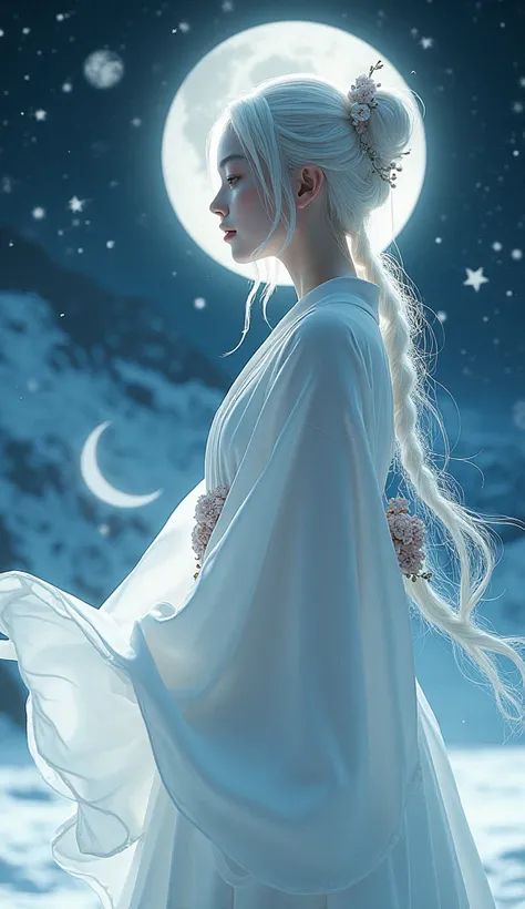 Masterpiece. Conceptual art. 3D Collage with double exposure. 16K. UHD. high quality, photorealism. Moon. Starry sky. Sweet lady Yuki-onna. Spirit of winter. Mysticism. Stunning full color design, sharp focus, studio shot, intricate details, high detail, d...