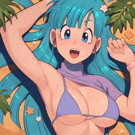 Bulma, big breasts, blue hair, showing her armpits, wearing a bikini, curvy body