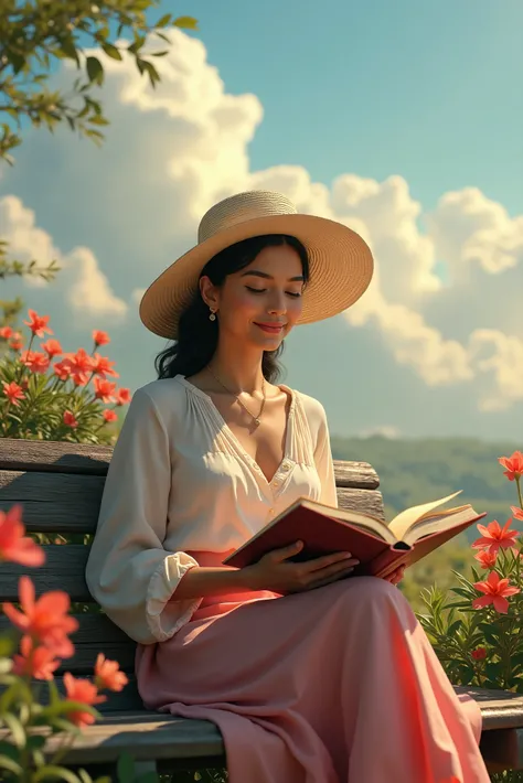 A beautiful, middle-aged Latina woman wearing a hat is sitting on a bench reading a book. Beautiful dream environment and atmosphere, colorful flowers and clouds. Ultra realistic image.