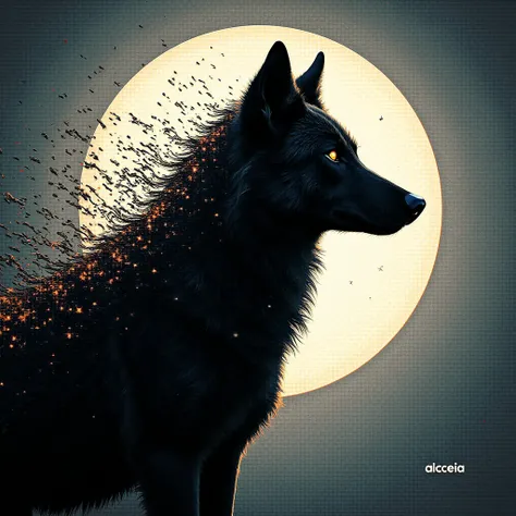 A captivating digital artwork by Distortion Master titled Bikers and Runners The silhouette of a wolf is intricately composed from the grid pattern of a Mogi das Cruzes front wave sensor image, with clusters of light points defining its shape. The backgrou...